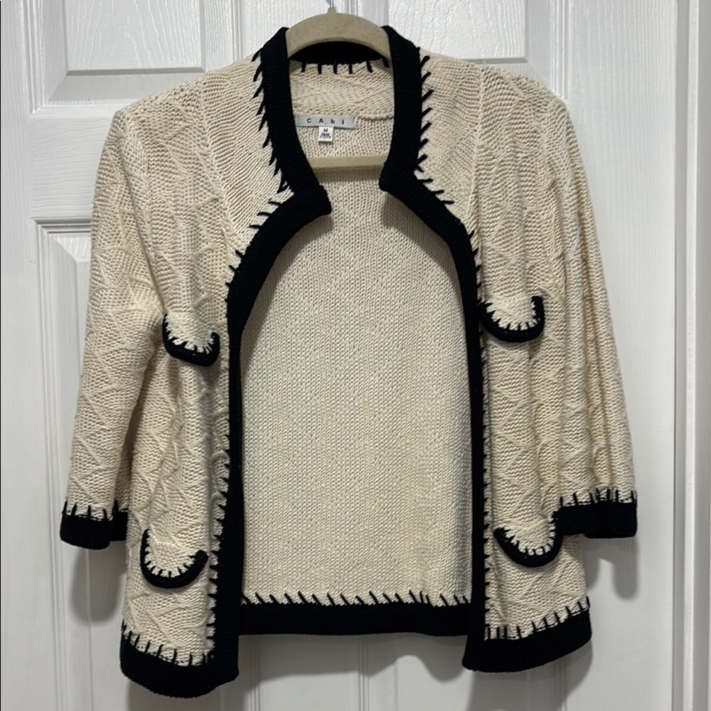 CAbi Cream and Black Cardigan Sweater Elegant Scalloped Trim